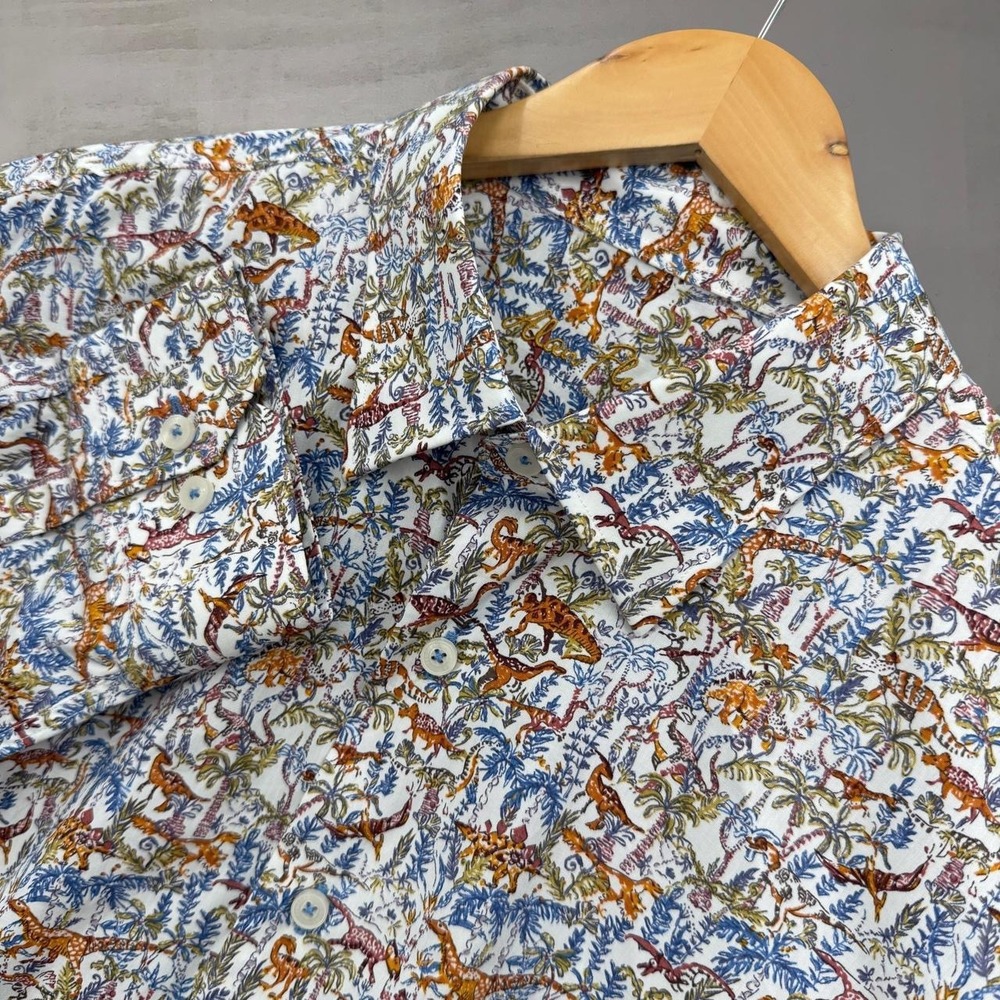 Alan Flusser Button Down Shirt White Dinosaur Tropical Print Retro Collared XL